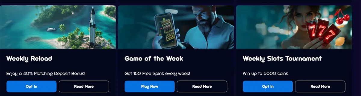 Promotional banners for a weekly reload deposit bonus, a game of the week with 150 free spins, and a weekly slots tournament offering up to 5,000 coins, each with blue call-to-action buttons on a dark blue casino interface.