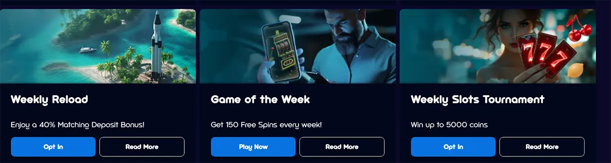 Promotional banners for a weekly reload deposit bonus, a game of the week with 150 free spins, and a weekly slots tournament offering up to 5,000 coins, each with blue call-to-action buttons on a dark blue casino interface.
