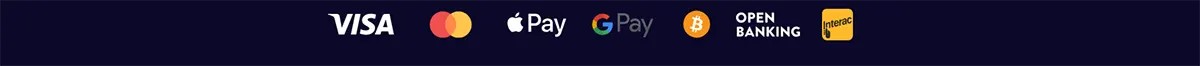 Payment methods row showing Visa, Mastercard, Apple Pay, Google Pay, Bitcoin, Open Banking, and Interac on a dark blue background.