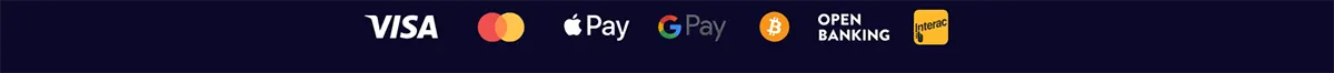 Payment methods row showing Visa, Mastercard, Apple Pay, Google Pay, Bitcoin, Open Banking, and Interac on a dark blue background.