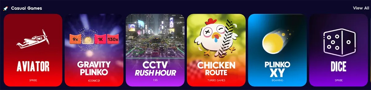Casual games section featuring Aviator, Gravity Plinko, CCTV Rush Hour, Chicken Route, Plinko XY, and Dice, with a “View All” link on a dark casino interface.