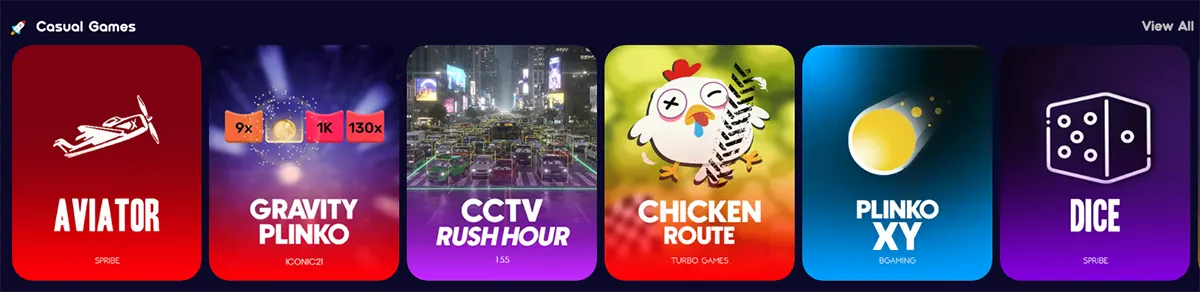 Casual games section featuring Aviator, Gravity Plinko, CCTV Rush Hour, Chicken Route, Plinko XY, and Dice, with a “View All” link on a dark casino interface.