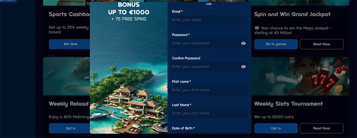 Casino registration popup featuring a tropical island resort illustration and a sign-up form with email, password, name, and date of birth fields on a dark blue promotional background.