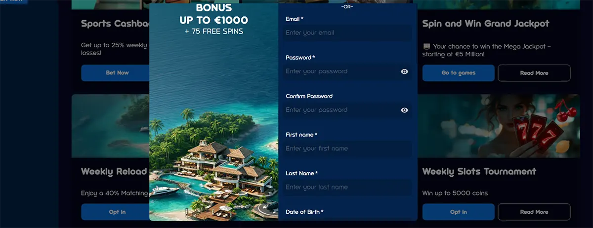 Casino registration popup featuring a tropical island resort illustration and a sign-up form with email, password, name, and date of birth fields on a dark blue promotional background.